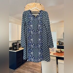 Chic Navy Patterned Long Sleeve Dress